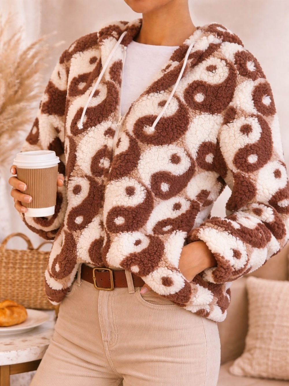 PacSun Brown and Cream Yin Yang Fleece Hoodie Jacket